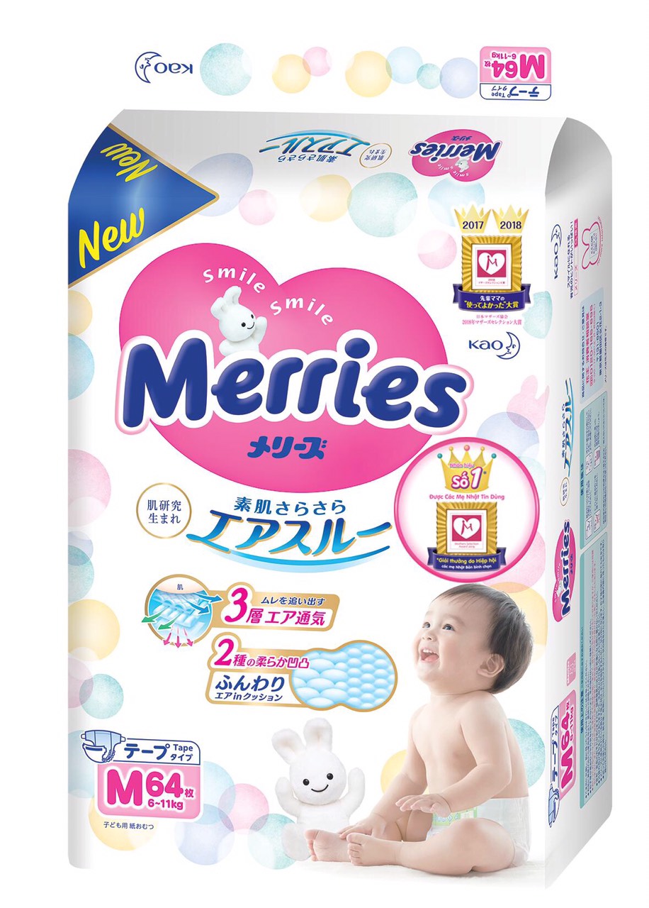 Bộ 3 bỉm dán Merries Size M64 mềm mịn, thấm hút nhanh (6-10kg) 64 miếng - Hàng nội địa Nhật