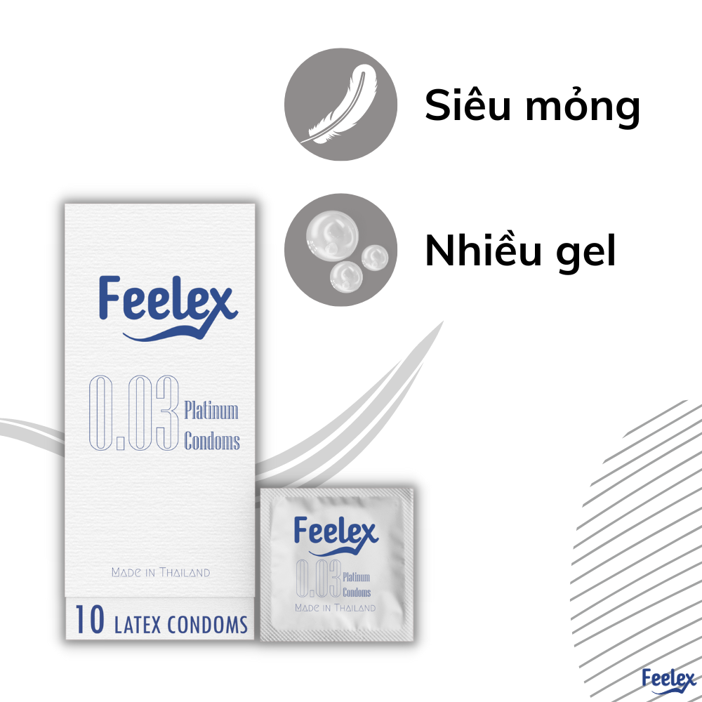 Bao cao su Feelex 0.03 Platinum, siêu mỏng, nhiều gel bôi trơn, xuất xứ Thái Lan