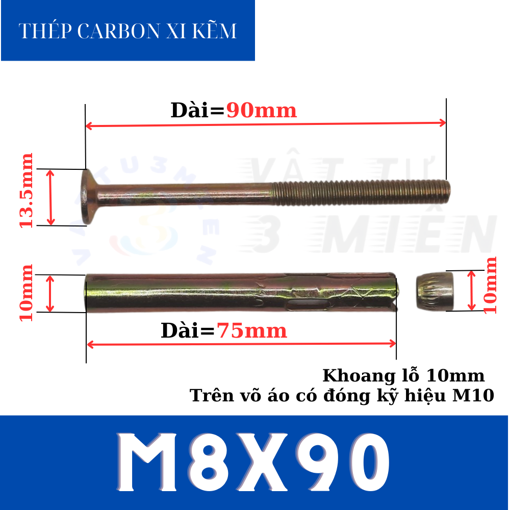 Tắc kê nở M8x90 đầu vít ba ke sắt xi kẽm ( Bu lông nở đầu vít ba ke / Vít nở đóng tường )