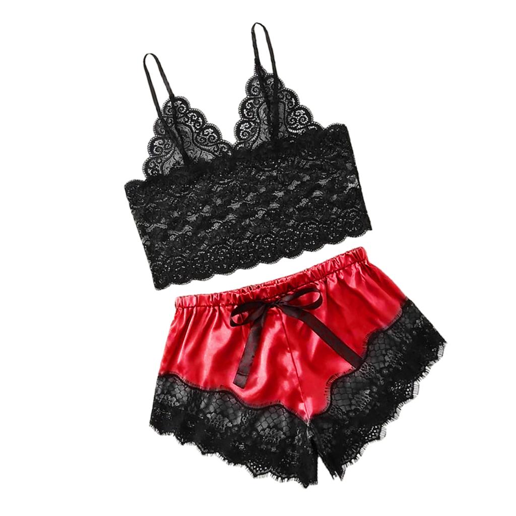 Women Sexy Lace Vest Crop Tops Panty Lingerie Sleepwear Red S