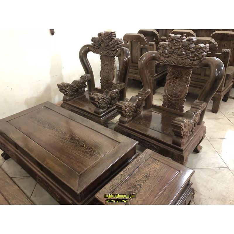 Bộ Bàn Ghế Tam Sư Nghê Ba Đầu Gỗ Mun Đuôi Công
