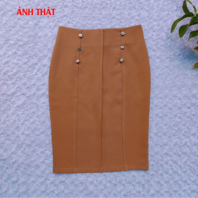 Chân Váy Công Sở New Design Thiết Kê Dáng Váy Xếp Ly Dài Qua Gối Ôm Body , Phối Nút Kiểu Mới, Vải Tốt Co Giãn CV0073
