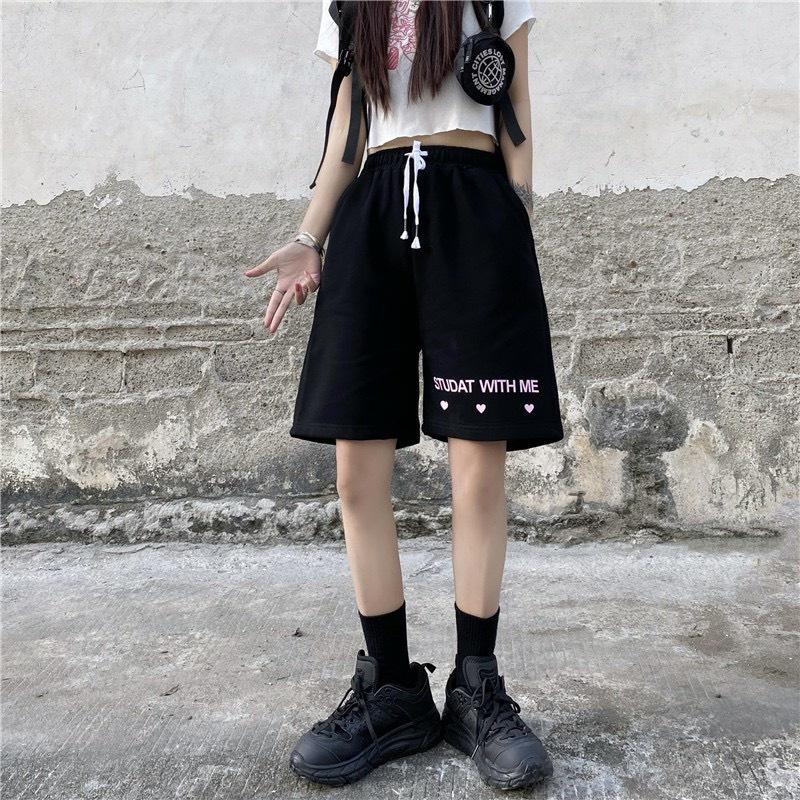 Quần đùi thụng chữ tim hồng quần short ngố lửng ulzzang nam nữ unisex phong cách Hàn Quốc