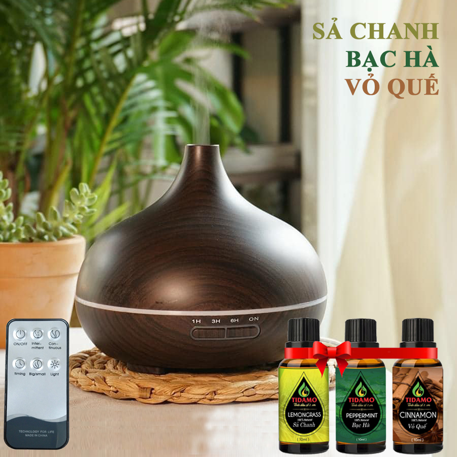 Combo Máy Khuếch Tán/ Máy Xông Tinh Dầu TIDAMO CC3E Có Remote Điều Khiển Từ Xa + 3 Chai Tinh Dầu nguyên chất: Sả Chanh + Bạc Hà + Vỏ Quế / Thích Hợp Xông Tinh Dầu Phòng 15-50m2