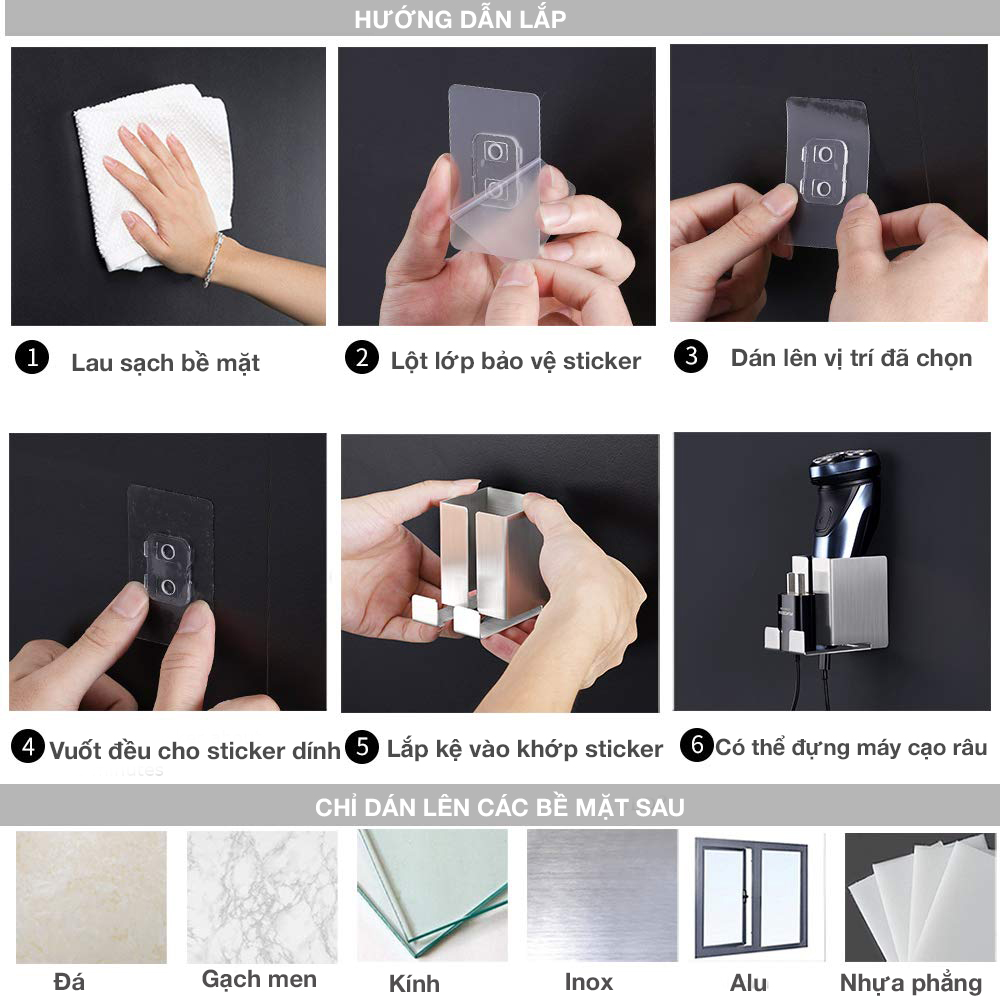 Kệ đựng bàn chải điện, máy cạo râu dán tường Inox 304 HOBBY Home Decor MCR2 kèm keo dán