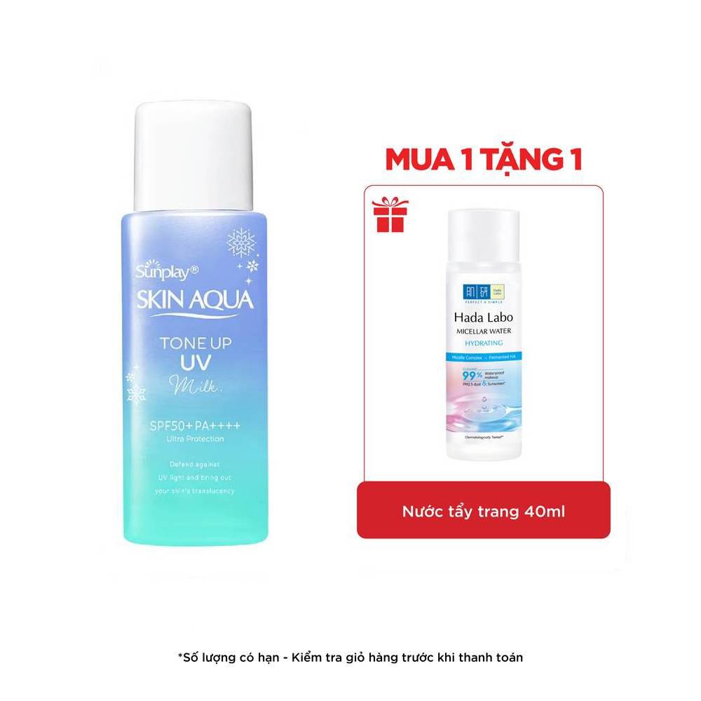Kem chống nắng nâng tông Skin Aqua Tone up Blue cho da vàng có khuyết điểm đỏ, dạng sữa Sunplay Skin Aqua Tone Up UV Milk Blue SPF 50+ PA++++ 50g