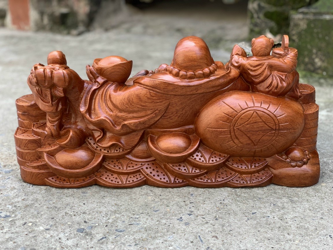 Tượng phật di lặc ngũ phúc gỗ hương đá liền khối kt 60×30×27cm