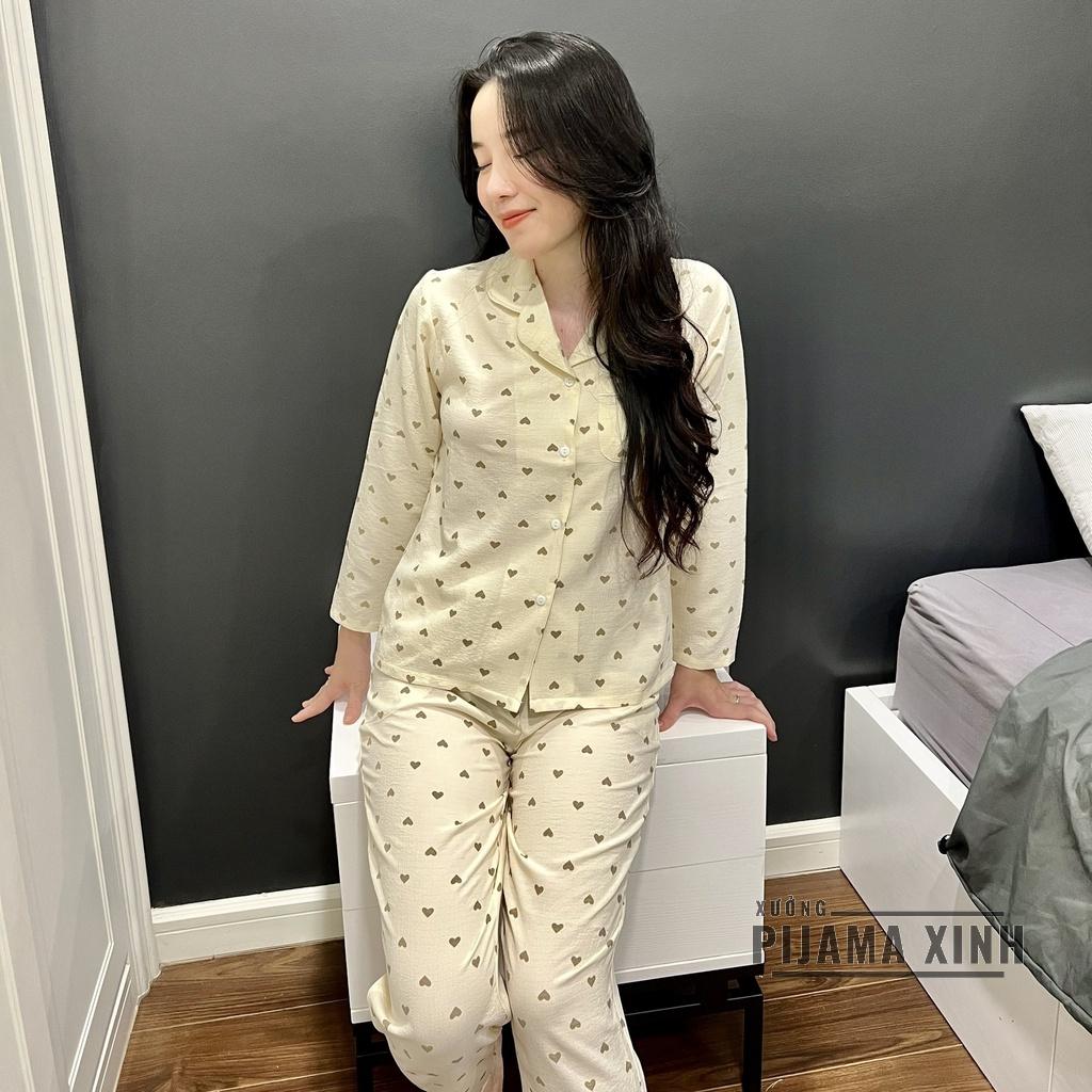 Đồ mặc nhà đũi xốp - pyjama dài tay hình trái tim chất xốp mềm thoáng thấm mồ hôii