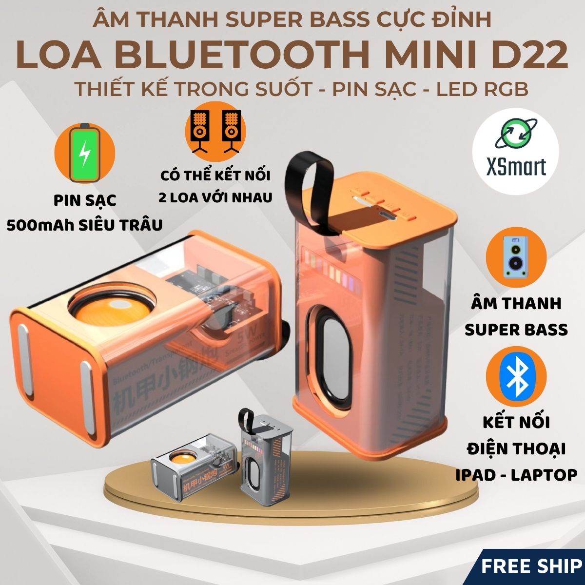 Loa Bluetooth Không Dây Mini D22 Extra Bass Led Theo Nhạc, Kết Nối Điện Thoại Máy Tính Bảng Laptop-Hàng Chính Hãng