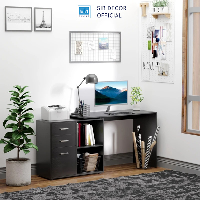 Bàn Làm Việc Kết Hợp Tủ Gỗ 3 Ngăn Kéo Hiện Đại Màu Trắng Đen Thương Hiệu SIB Decor