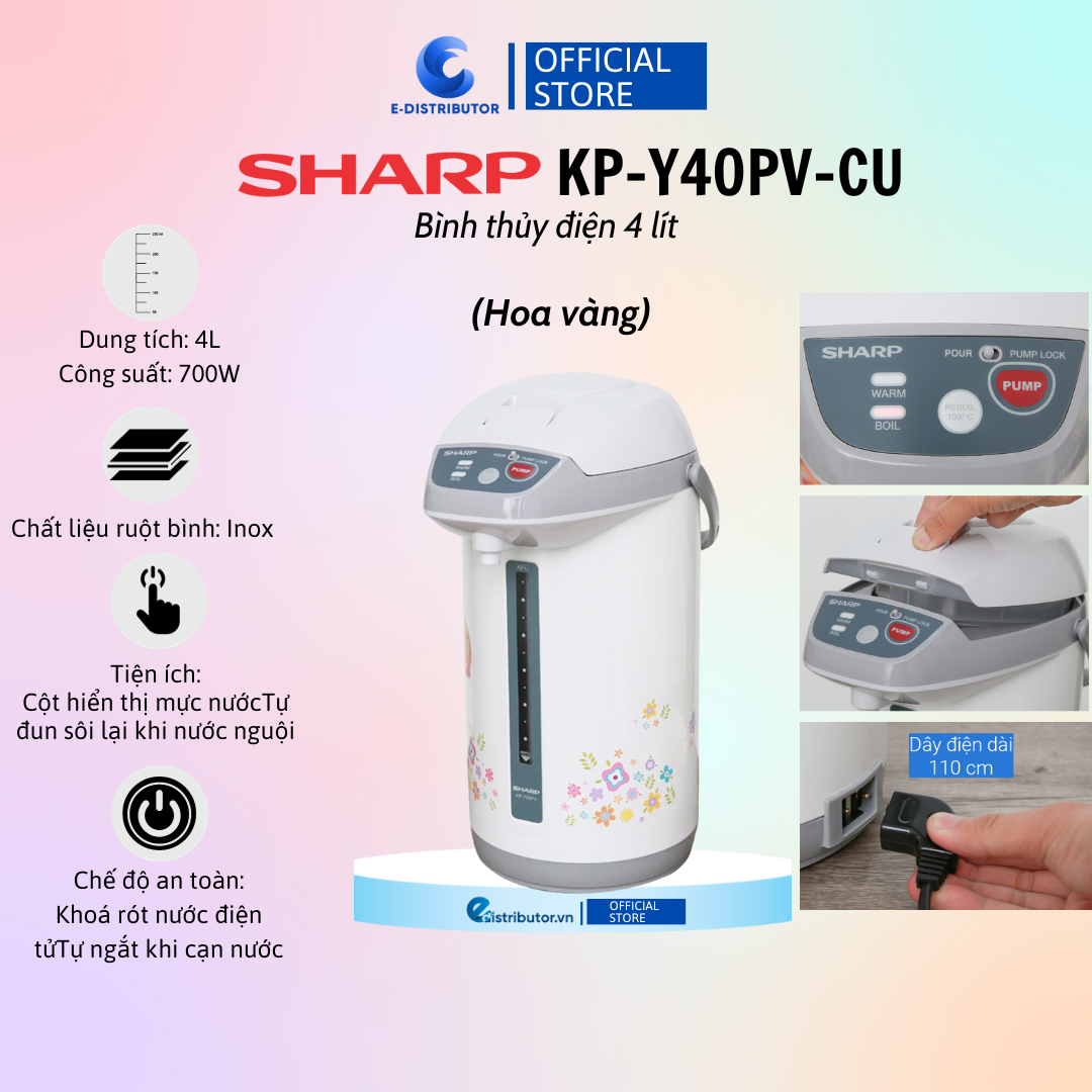 Bình Thủy Điện Sharp KP-Y40PV-CU/RD 4 Lít - Hàng Chính Hãng - Bảo Hành 12 Tháng