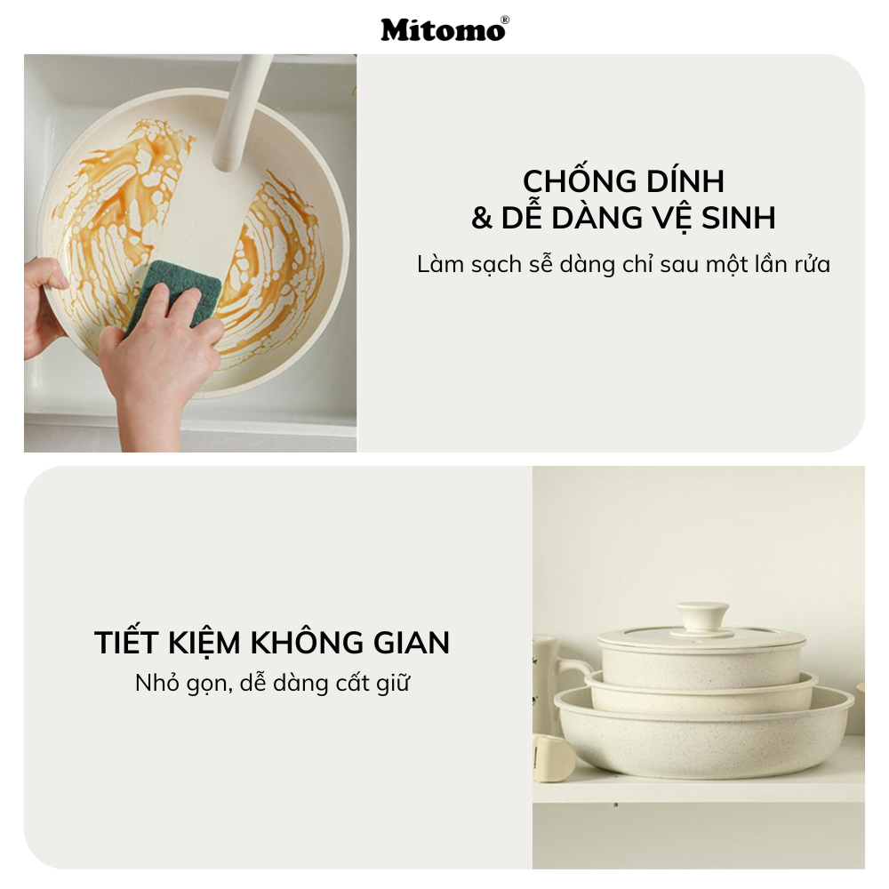Bộ nồi chảo đá gốm Mitomo chống dính cao cấp 5 món có tay cầm tháo rời, dùng cho mọi loại bếp - Hàng chính hãng