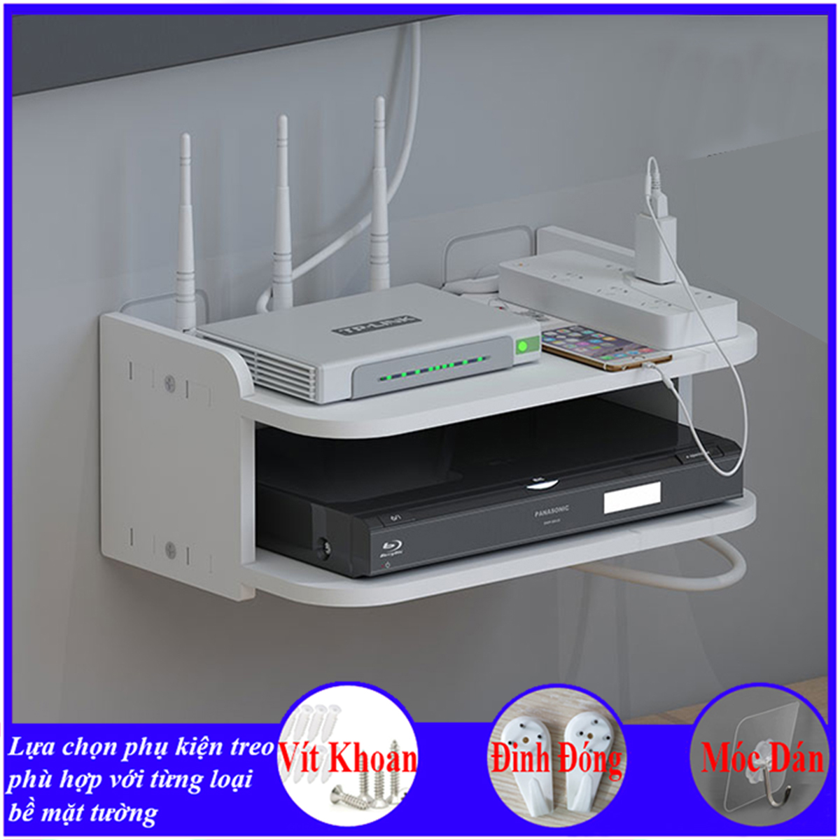 Kệ treo tường, kệ đặt modem wifi, đầu thu kỹ thuật số, remote, điện thoại, chất liệu gỗ Pitech cao cấp màu trắng