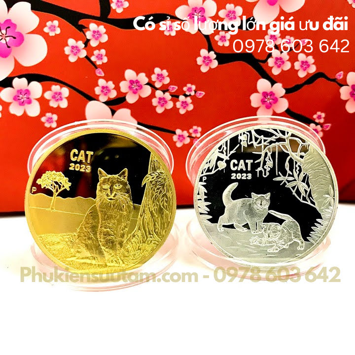 Cặp Xu Úc Hình Con Mèo Mạ Vàng Bạc Tặng Hộp Nhung, đường kính: 4cm, màu đỏ - SP005893