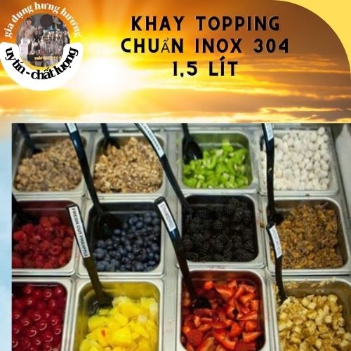 Khay inox 1/6 vuông 1,5 lít có nắp đậy cao 10cm chuyên đựng thạch topping cho quầy bar chuyên dụng cụ pha chế trà sữa bartender