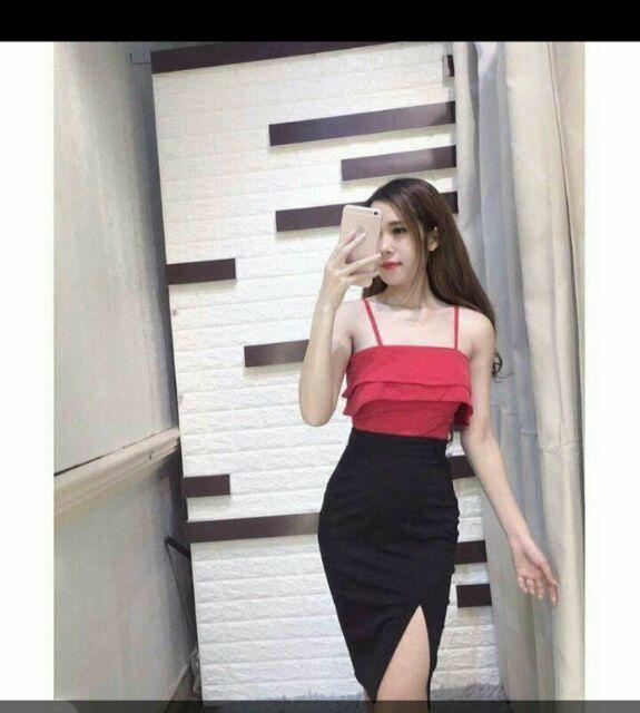 Đầm body 2 dây phối màu xẻ tà