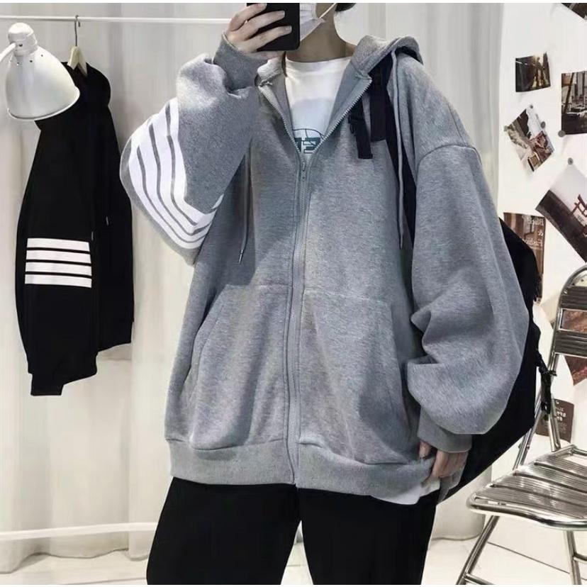 Áo Khoác Hoodie Unisex THOM 4 Sọc Kiểu Zip Kéo Phối Nón Rộng Vải Nỉ Xịn Phong Cách Ulzzang Hàn Quốc Hot Trend Mới