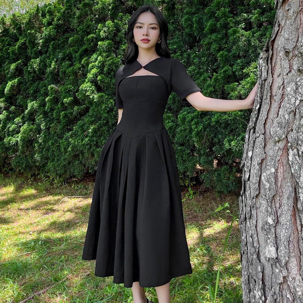 RECHIC Đầm dài Maline kiểu tay ngắn cổ cách điệu dáng váy xoè xếp ly sang trọng thanh lịch phù hợp đi tiệc dạo phố