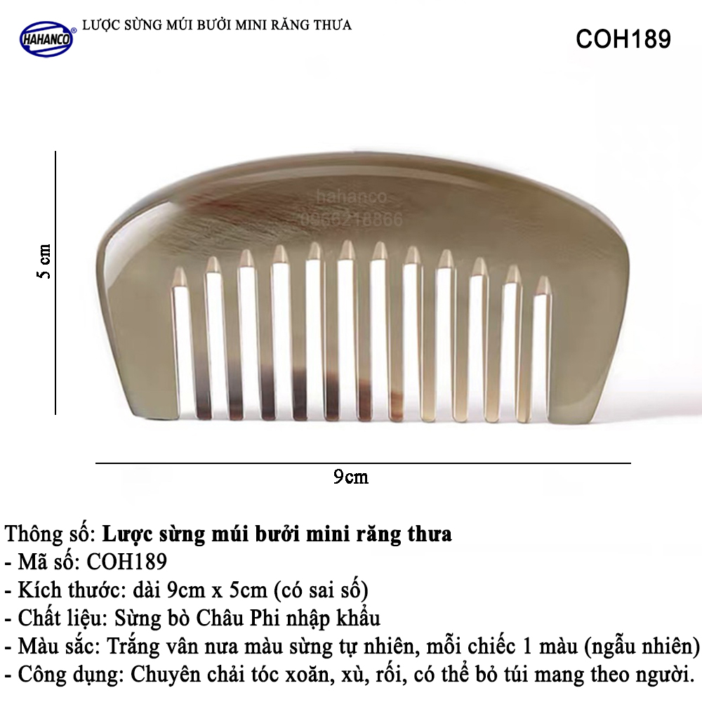 Lược Sừng Múi Bưởi Mini Răng Thưa (Size: XS-9cm) COH189 - Chải tóc xoăn rối xù, phụ kiện bỏ túi tiện dụng không thể thiếu - Chăm sóc tóc - HAHANCO