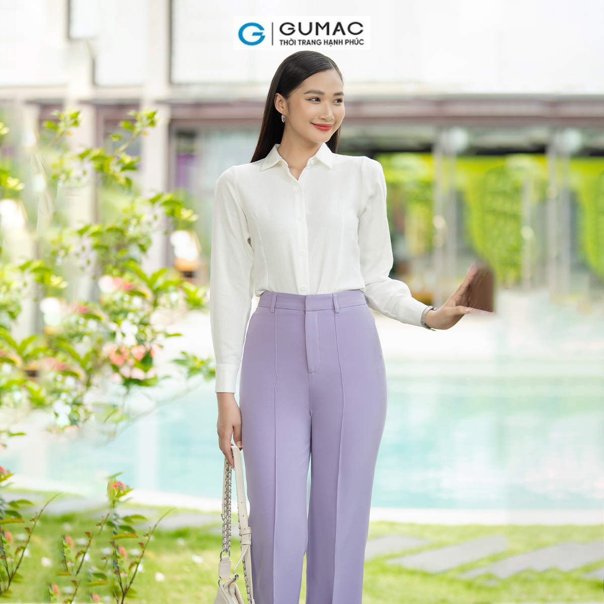 Áo sơ mi nữ slim tay dài vải ánh gân công sở thanh lịch thời trang GUMAC AD07046