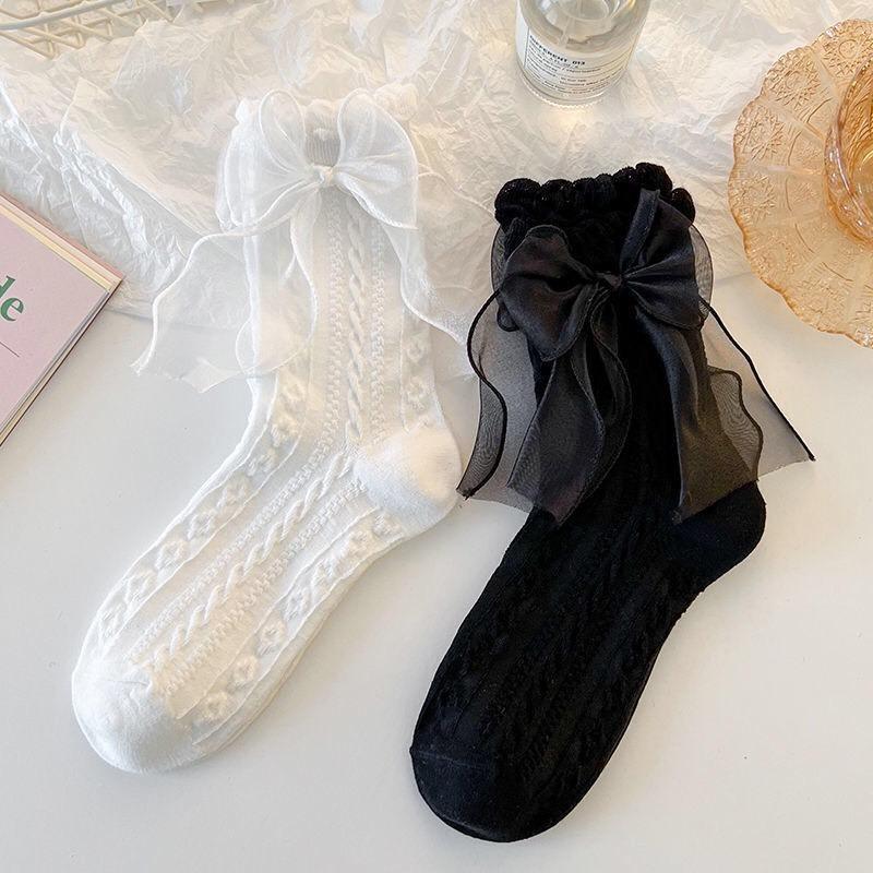 Tất, vớ cổ chân dệt kim GÂN THỔ CẨM VIỀN REN HOA ĐÍNH NƠ phong cách Lolita NhậtBản, cogiãn thoáng khí cho nữ Women