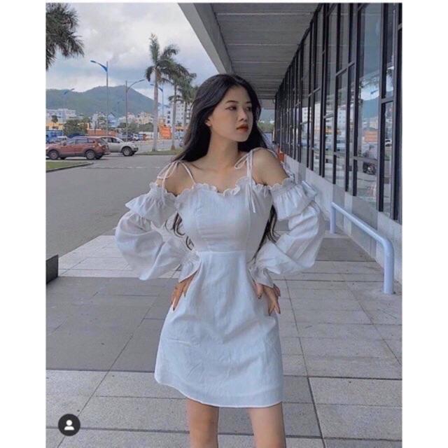 Đầm trễ vai tay nhún cột nơ vai có mút ngực cực sang chảnh