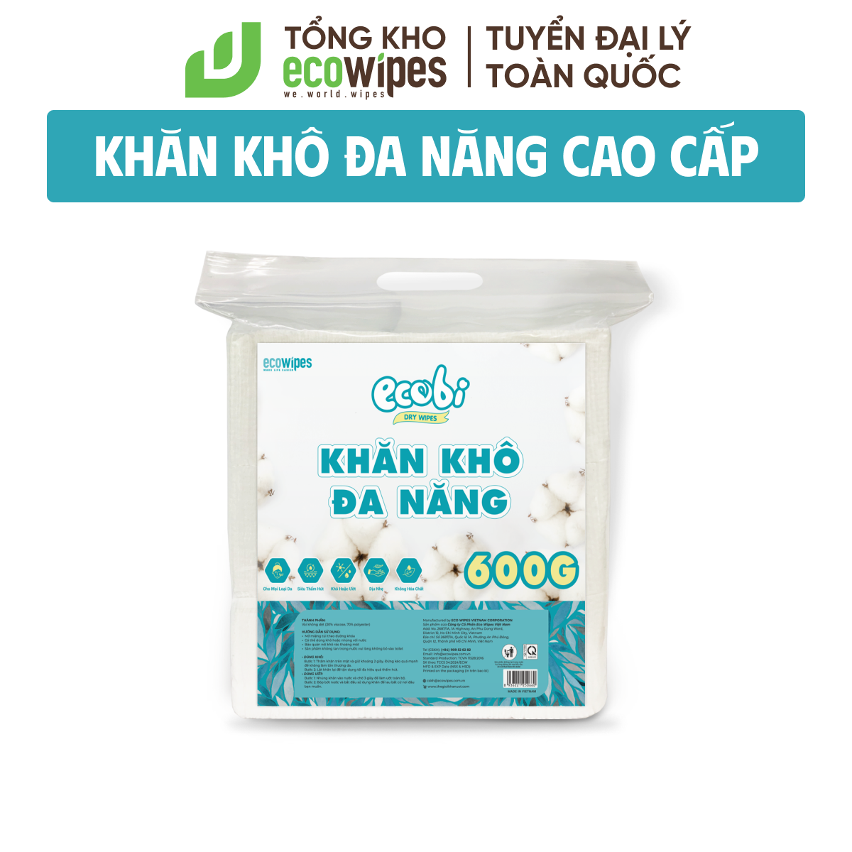 Combo 03 túi Khăn khô đa năng EcoWipes cho bé 600/900G không chất huỳnh quang không mùi không parabens