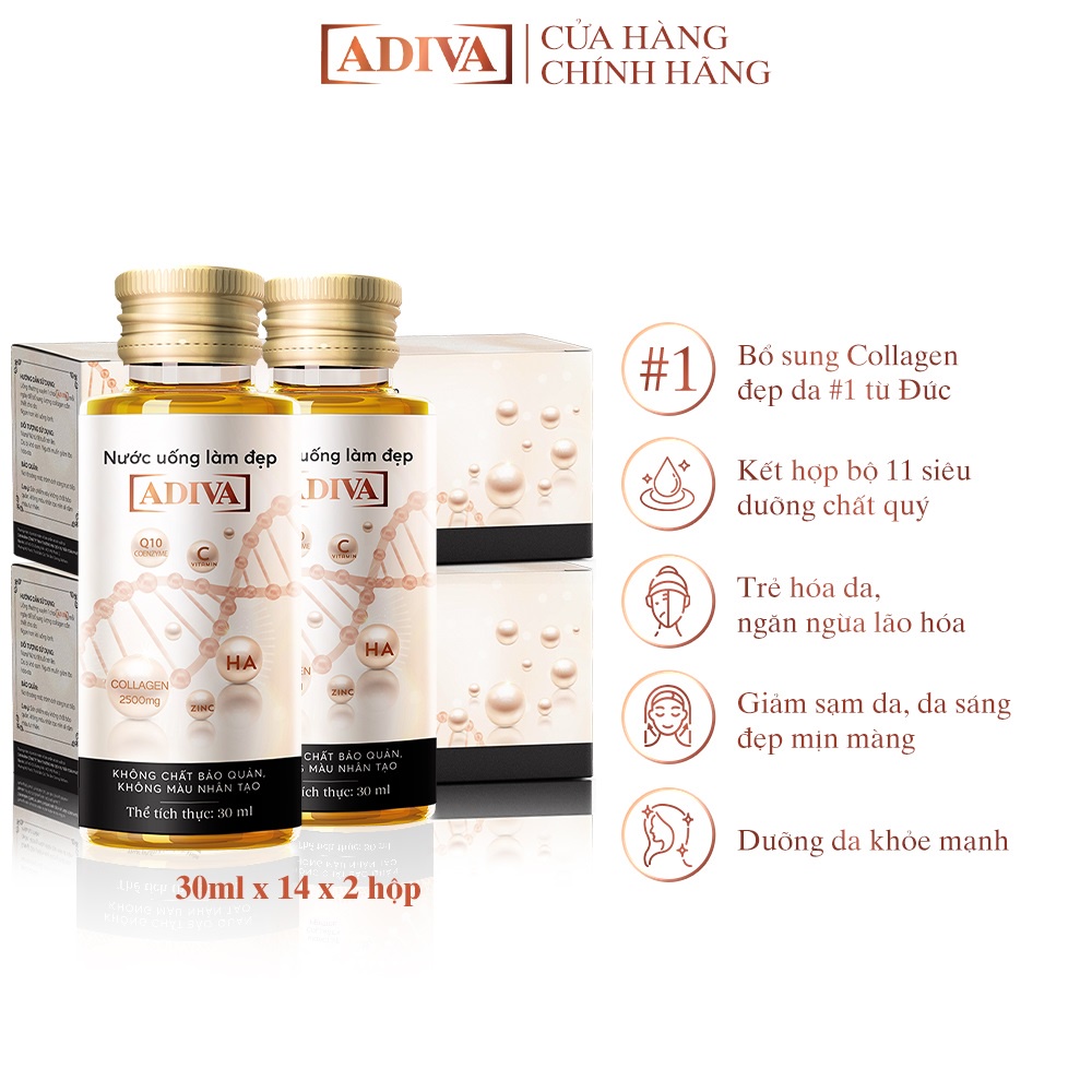 Combo 2 Hộp Nước Uống Làm Đẹp Collagen ADIVA (14Chai/ Hộp)- Giúp Làn Da Săn Chắc, Ảm Mịn Và Căng Bóng