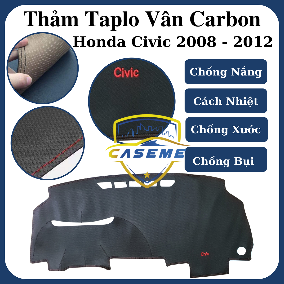Thảm da taplo vân carbon cao cấp dành cho xe Honda Civic 2008 - 2012