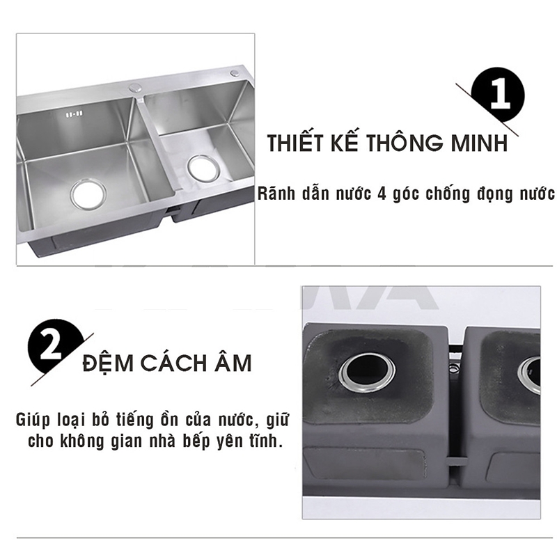 Chậu rửa bát inox 304 Pimisi đúc cao cấp 2 hố lệch - kích thước 7843-8245 cm kèm rổ đựng đồ và đầy đủ xi phông loại ống to, dùng để rửa chén bát gắn được cả âm bàn đá | Hàng chính hãng