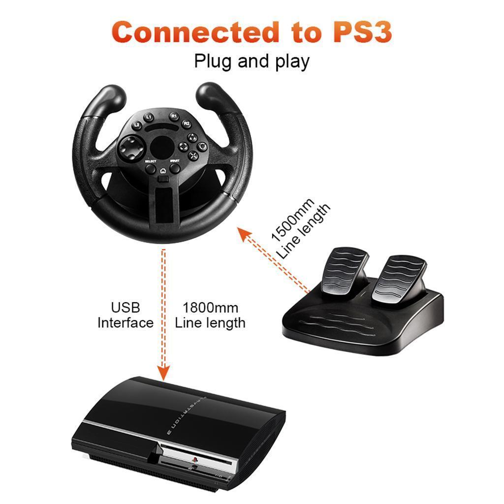 Driving Game Racing Steering Wheel+Brake Pedals USB Vibration for PS3