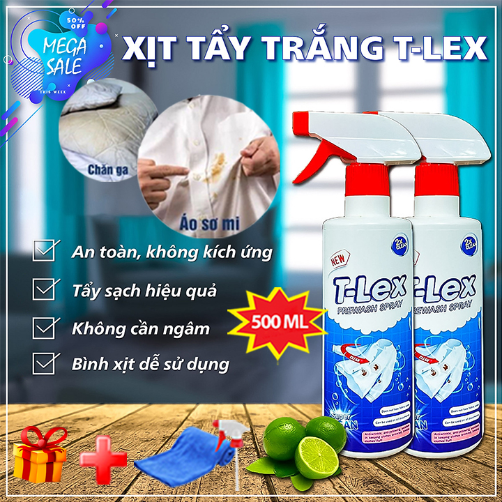 Chai Tẩy Trắng Quần Áo T-LEX 500ml, Tẩy Mốc, Ố Vàng, Không Phai Màu - Dùng Cả Vải Trắng, Màu [Tặng Viên Tẩy] 