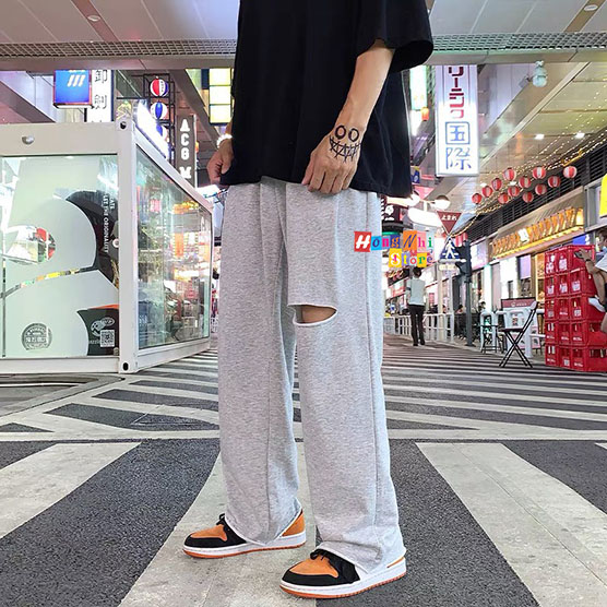 Quần Ống Rộng Rách Gối Màu Xám Lưng Thun Culottes Ulzzang Unisex - MM