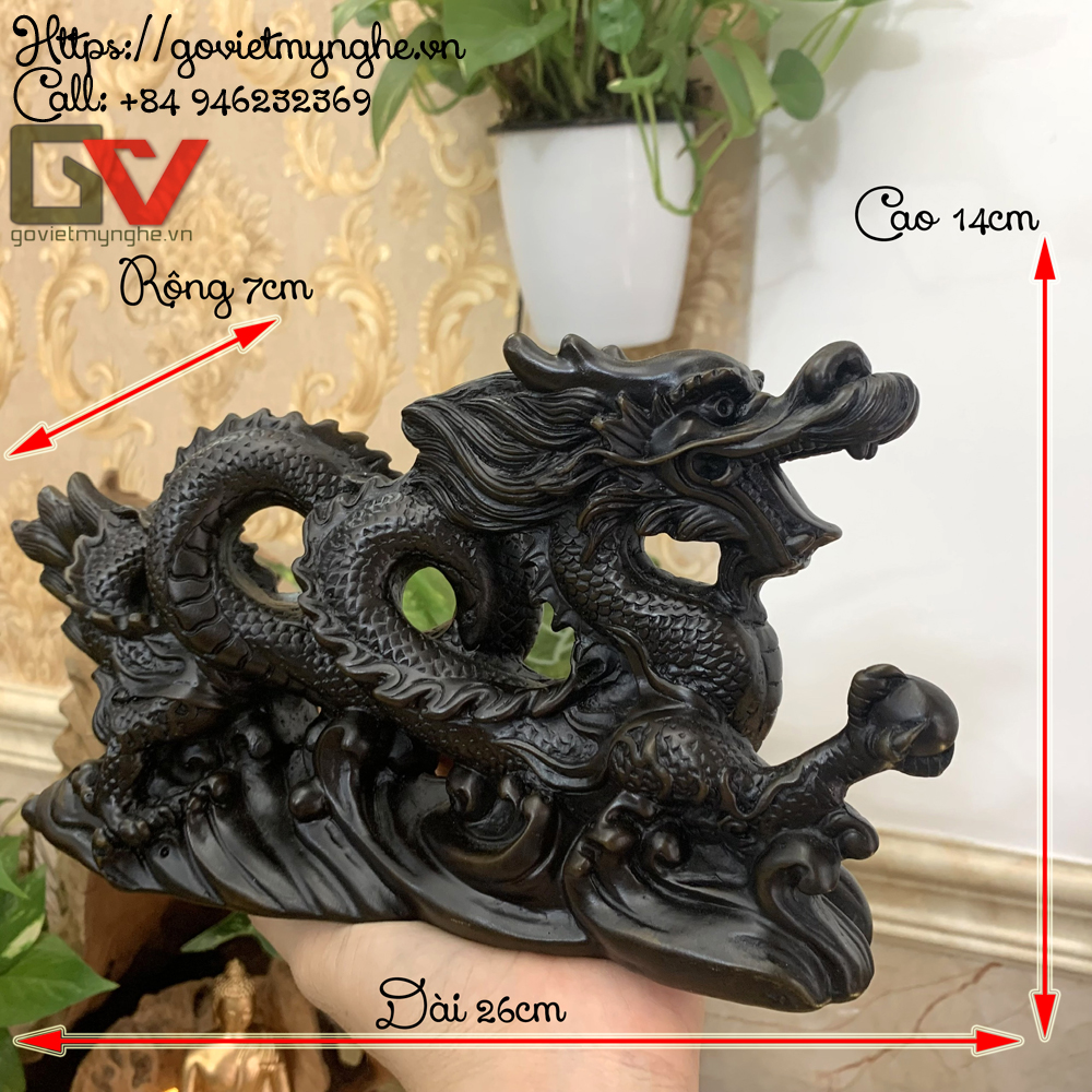 Tượng đá Rồng phong thủy trang trí bàn làm việc mang may mắn cát tường - Dài 26cm - Màu nâu đen