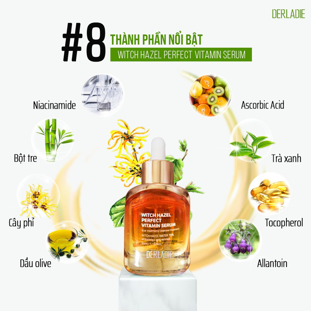 Tinh Chất Ngừa Mụn Chiết Xuất Cây Phỉ Derladie Witch Hazel Perfect Vitamin Serum 35ml