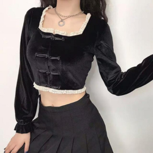 Áo croptop nhung tay dài cổ vuông đính cúc tàu