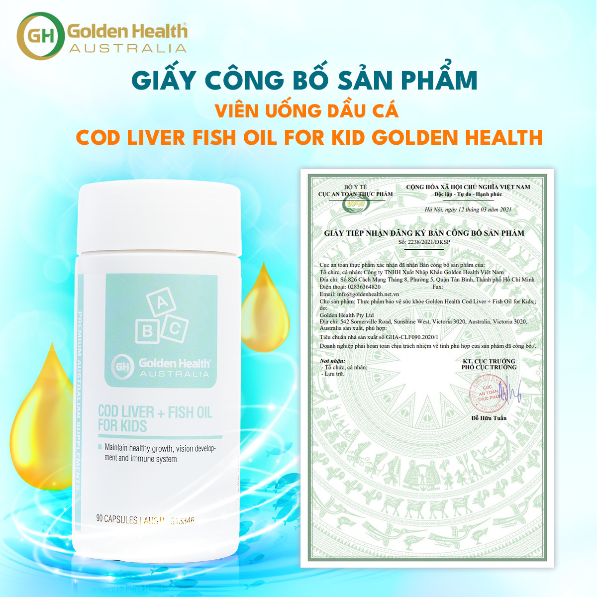 [GOLDEN HEALTH] Viên uống dầu cá bổ sung DHA cho trẻ từ 7 tháng tuổi Golden Health Cod Liver Fish Oil For Kids