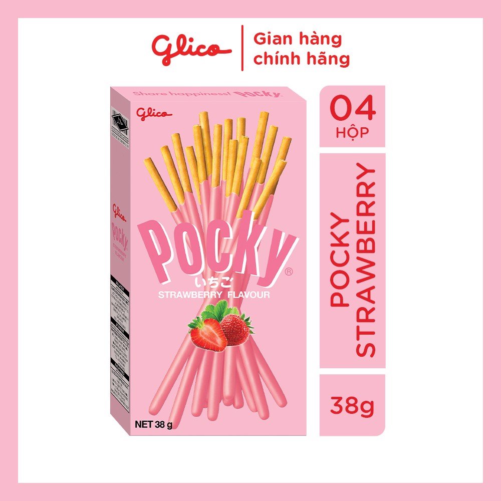 Combo 4 hộp bánh snack que Pocky Strawberry Flavour 48g vị dâu đồ ăn vặt