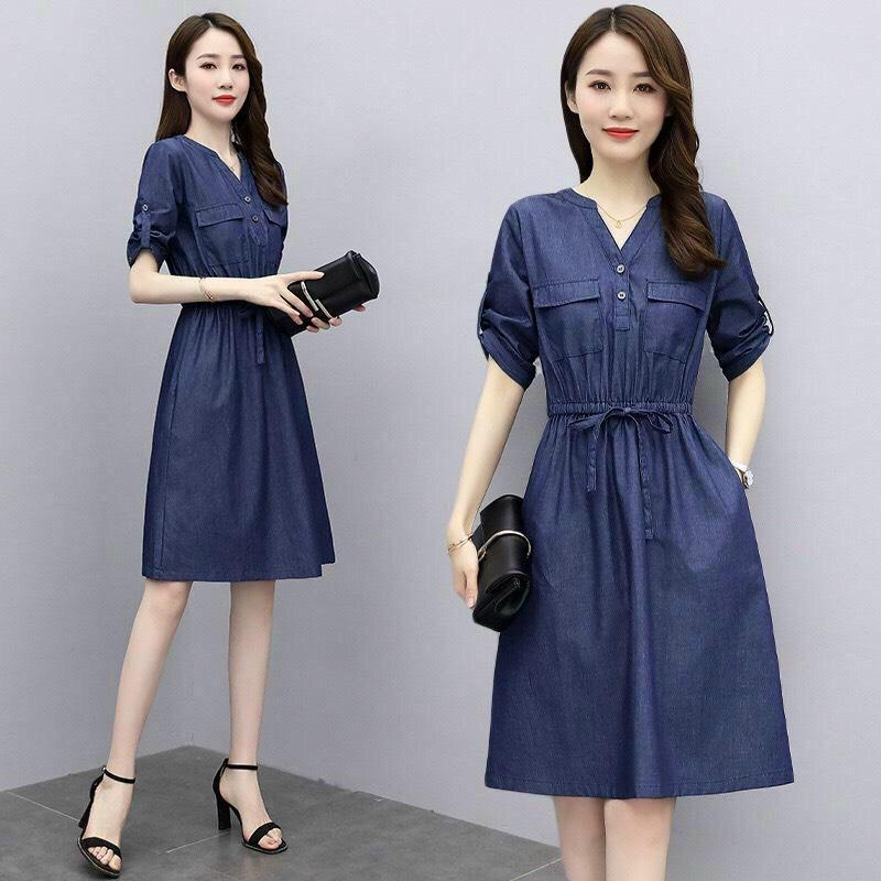 Đầm Jean Xòe Eo Cổ V, Đầm Jean Denim Phong Cách, Đầm Jean Thời Trang