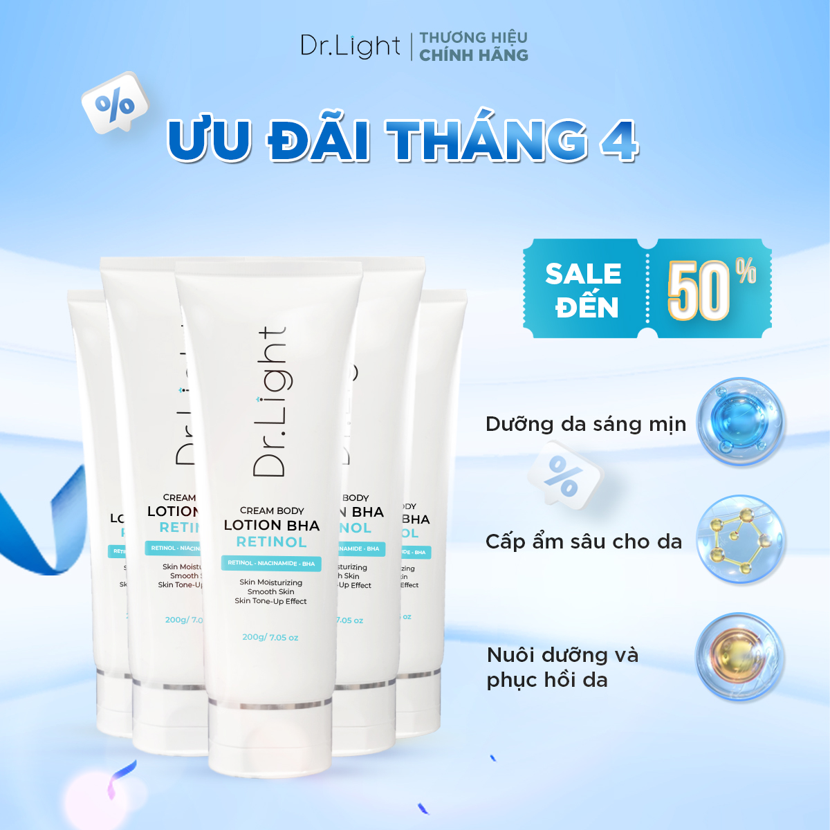 COMBO 8 Kem Body Dr.Light Kem dưỡng Trắng Sáng Da Với Hợp Chất Retinol Niacinamide BHA 200ml