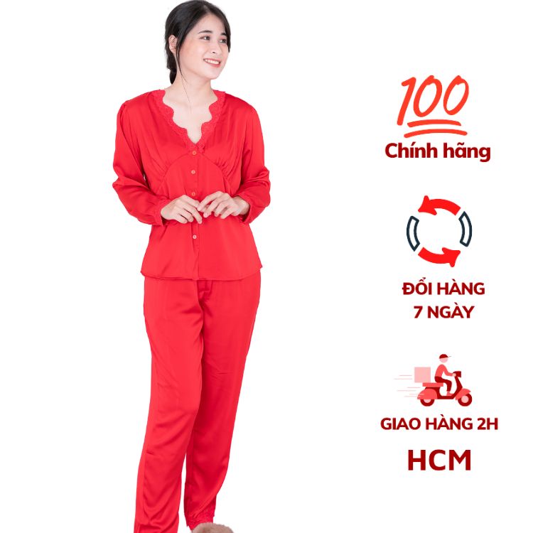 Đồ bộ pijama lụa, đồ mặc nhà nữ VILADY - B105 kiểu tay dài quần dài, hoạ tiết trơn phối viên ren quyến rũ, chất liệu lụa Pháp cao cấp - Màu đỏ