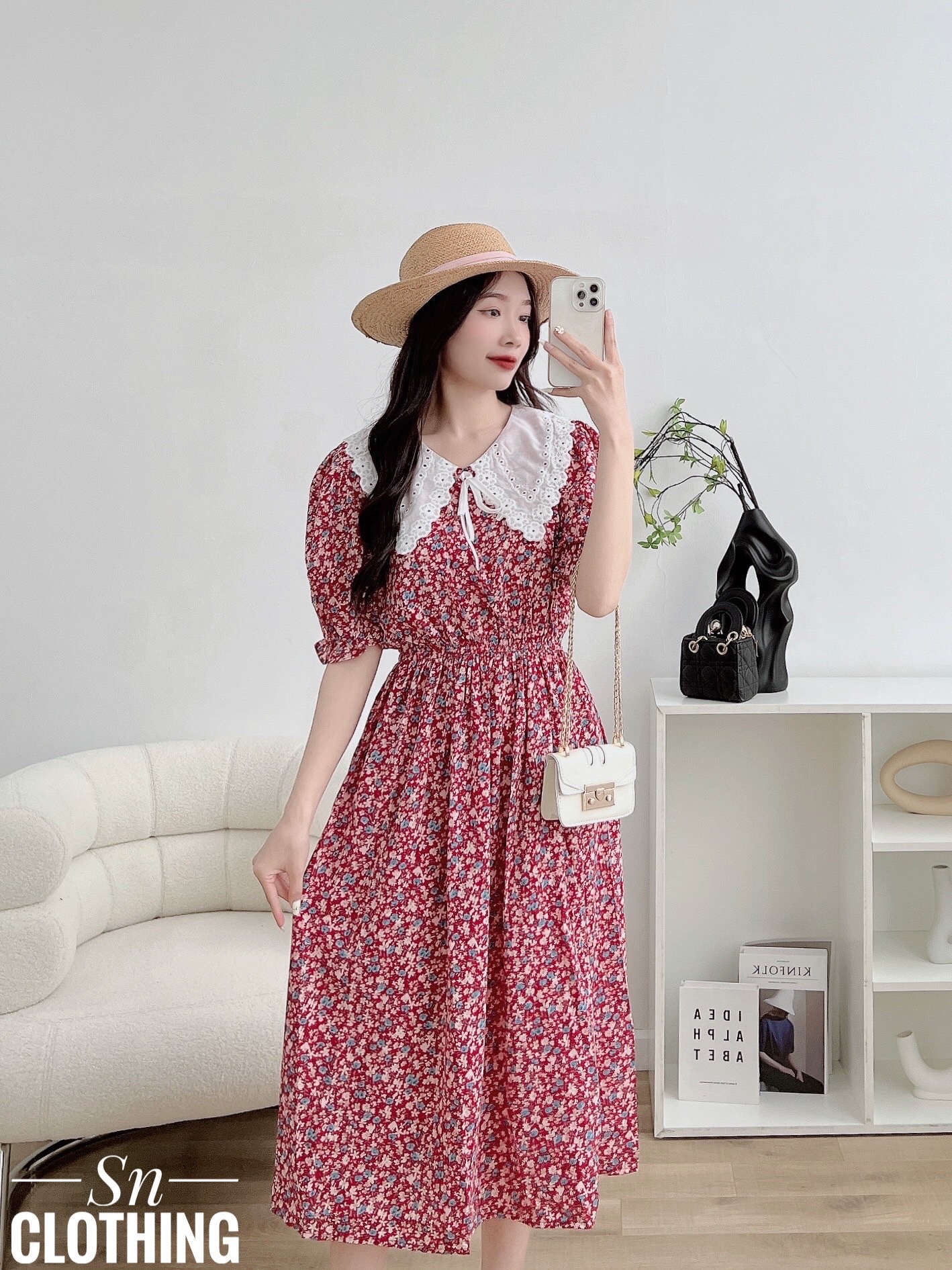Váy hoa nhí cổ bèo cột nơ tiểu thư