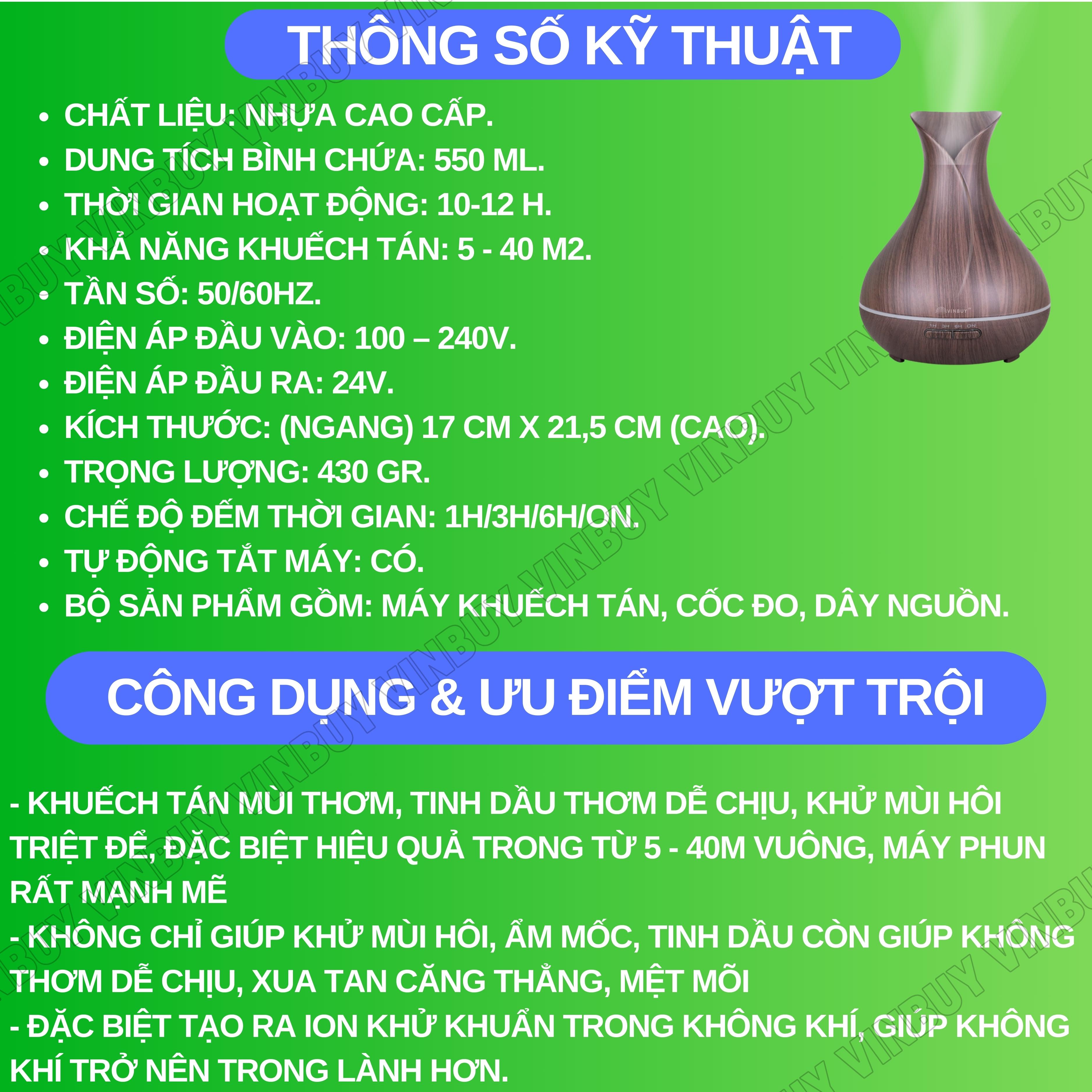 Máy xông tinh dầu VINBUY lục bình, máy khuếch tán phun sương tạo ẩm, máy xông tinh dầu phòng ngủ, spa, tự động, dung tích lớn led 07 màu - Hàng chính hãng