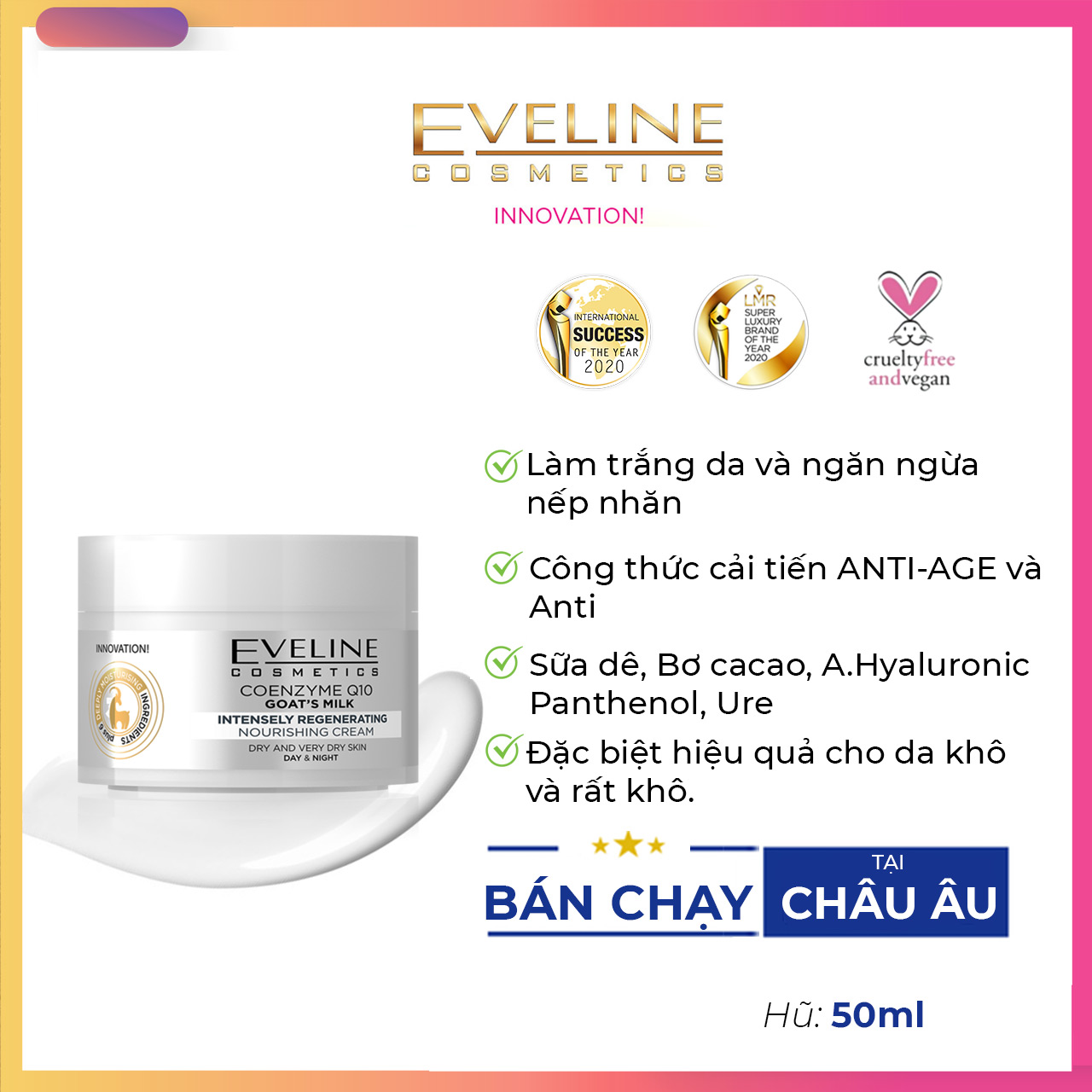 Kem hỗ trợ ngăn ngừa lão hóa và mịn da dành da khô và rất khô từ sữa dê Eveline GOAT'S MILK -  Hũ 50 ml