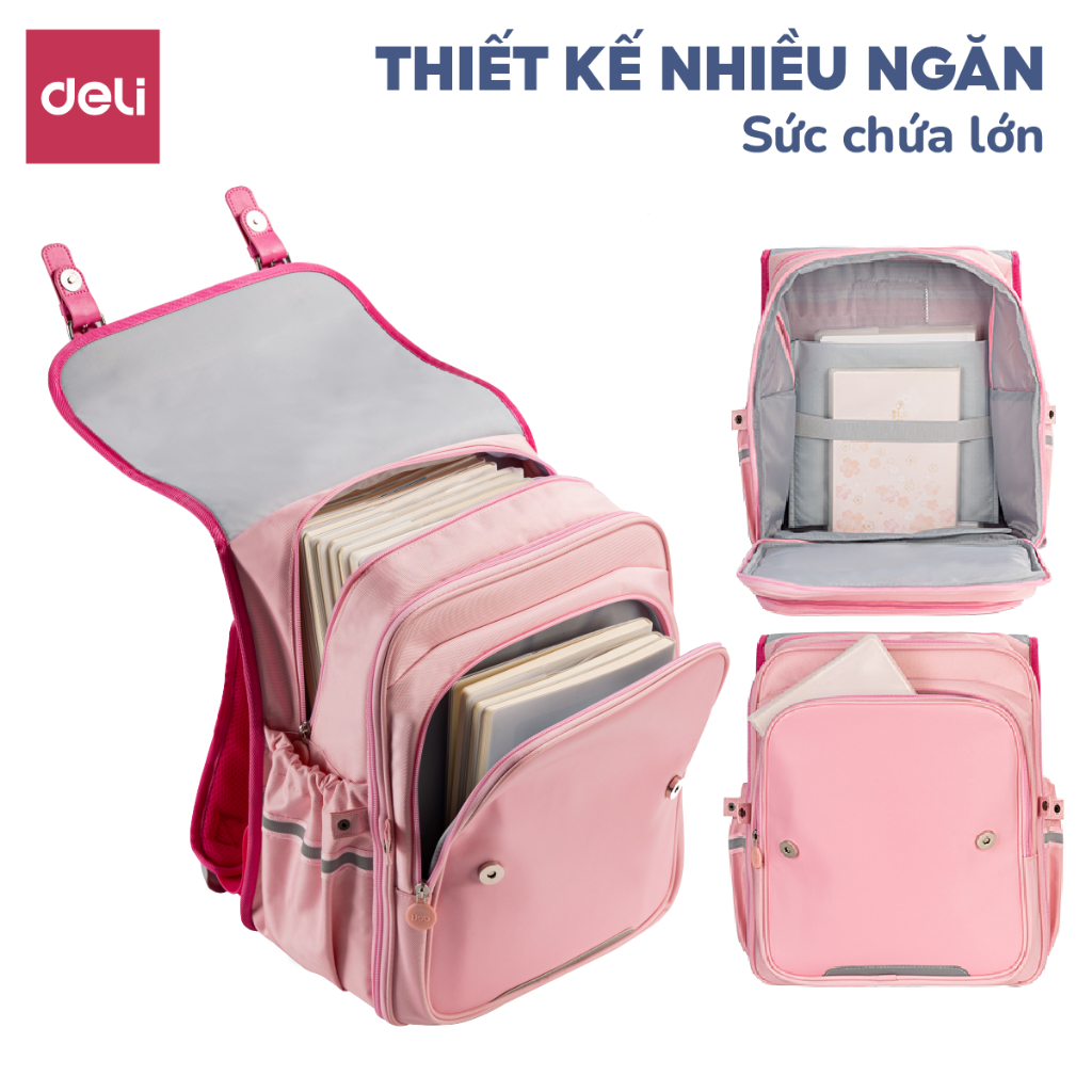 Balo Chống Gù Có Nắp Cho Bé Trai Bé Gái Deli Cặp Sách Học Sinh Vải Oxford Siêu Nhẹ Chống Nước Bụi