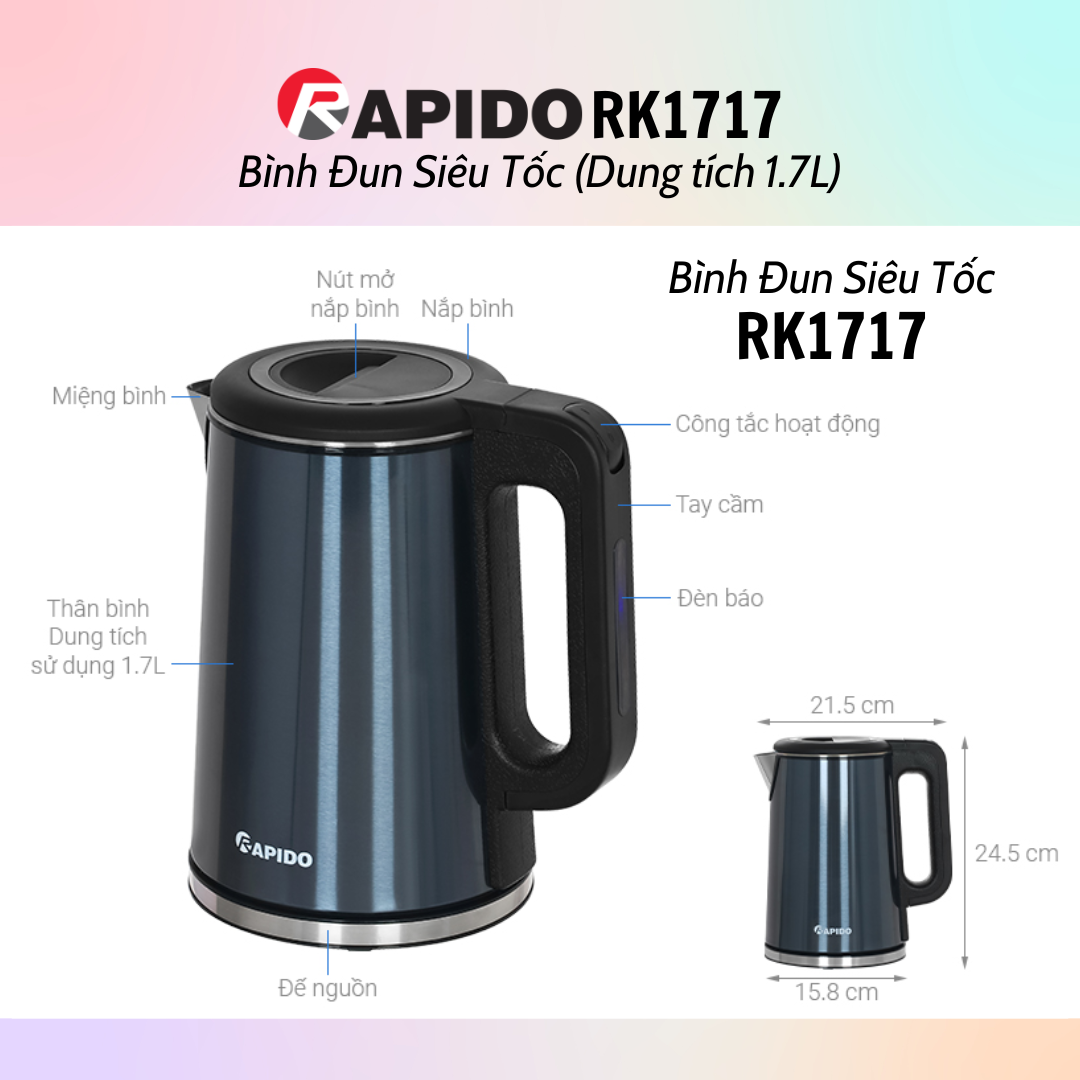 Bình đun siêu tốc thủy tinh Rapido RK1818 (1.8L) - Bình đun siêu tốc RK1717 (1.7L) - Hàng chính hãng