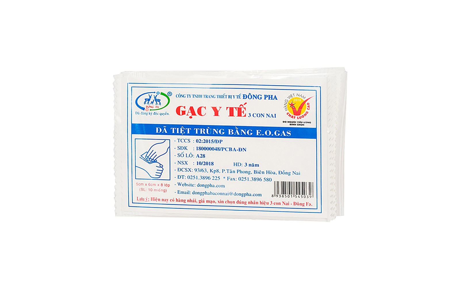 GẠC Y TẾ TIỆT TRÙNG 5x6CM ĐÔNG PHA 3 CON NAI (BÌ 10 MIẾNG)