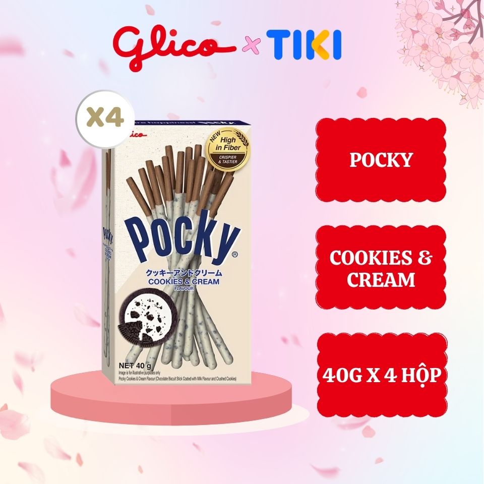 Bánh que GLICO Pocky Cookies & Cream phủ kem cookie (Combo 4 hộp)