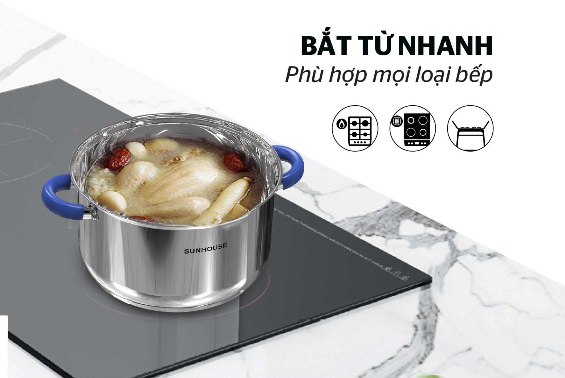 Bộ nồi inox 3 đáy Sunhouse SHG361, Chất liệu inox sáng bóng an toàn cho sức khỏe, Vung kính cường lực siêu bền, Tay cầm và núm vung bọc silicon chịu nhiệt, chống bỏng, an toàn, Sử dụng trên mọi loại bếp - Hàng chính hãng