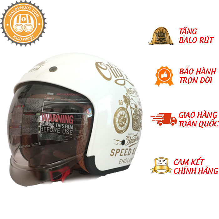 Nón bảo hiểm 3/4 ROYAL M139 có kính âm V5 TRẮNG